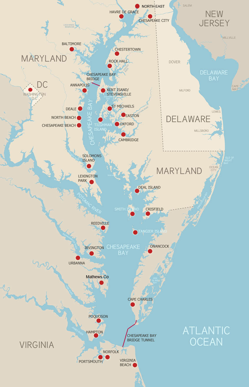 Chesapeake Bay map with town locations